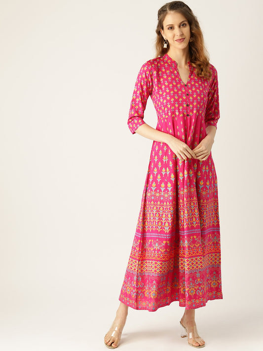 Women's Pink Floral Printed Mandarin Collar Viscose Rayon Fit And Flare Dress