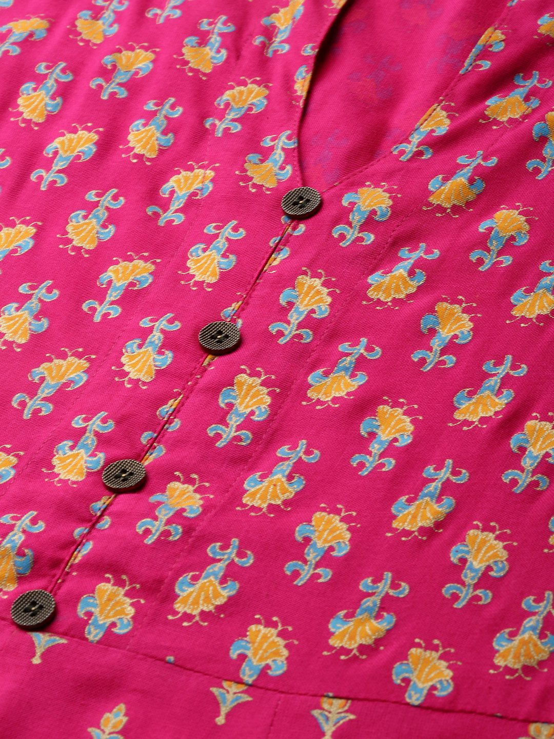 Women's Pink Floral Printed Mandarin Collar Viscose Rayon Fit And Flare Dress