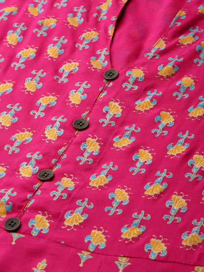 Women's Pink Floral Printed Mandarin Collar Viscose Rayon Fit And Flare Dress