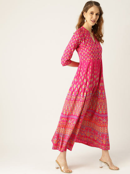Women's Pink Floral Printed Mandarin Collar Viscose Rayon Fit And Flare Dress