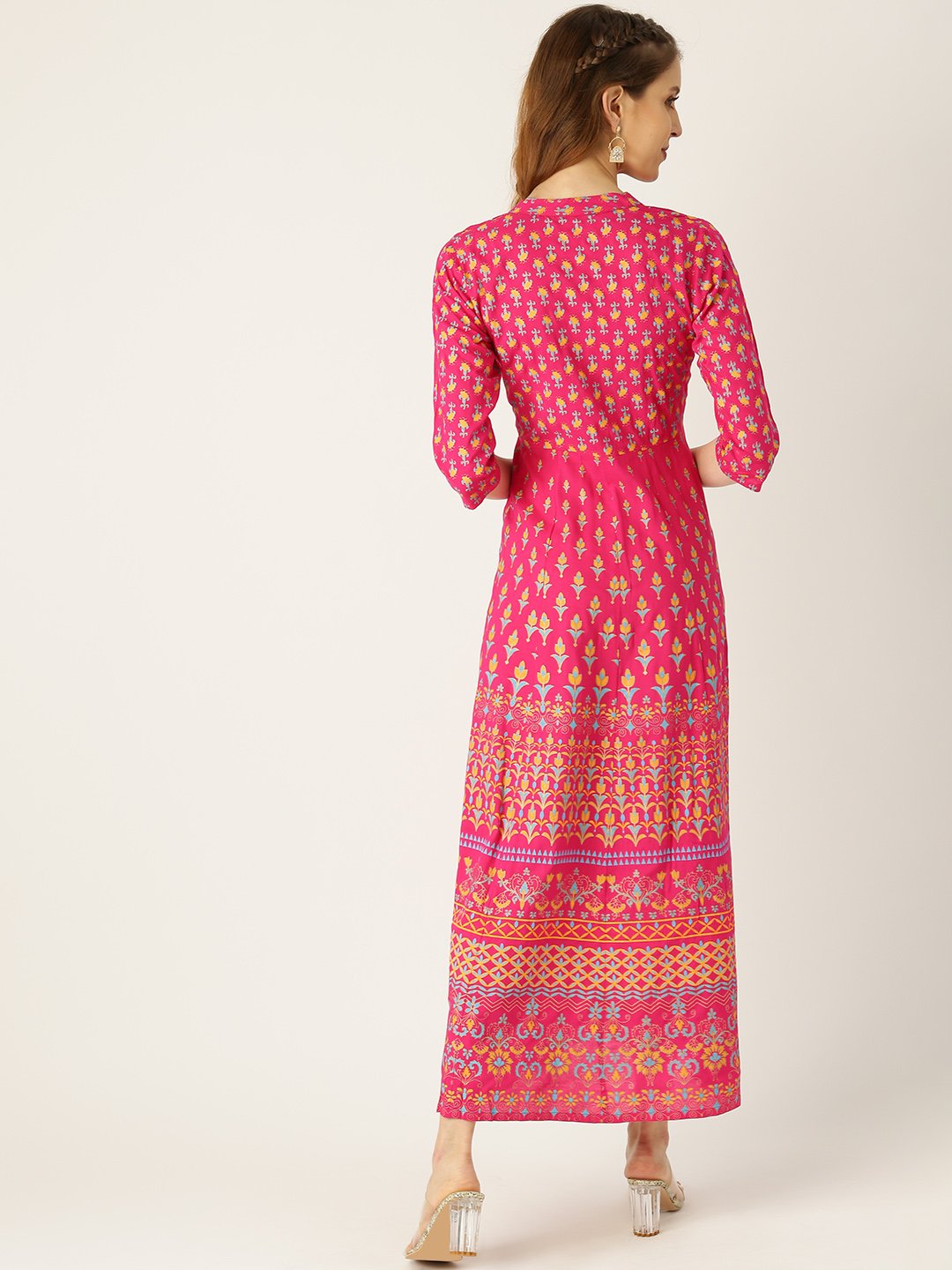 Women's Pink Floral Printed Mandarin Collar Viscose Rayon Fit And Flare Dress
