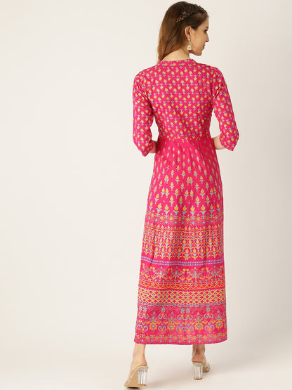 Women's Pink Floral Printed Mandarin Collar Viscose Rayon Fit And Flare Dress