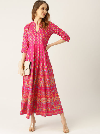 Women's Pink Floral Printed Mandarin Collar Viscose Rayon Fit And Flare Dress