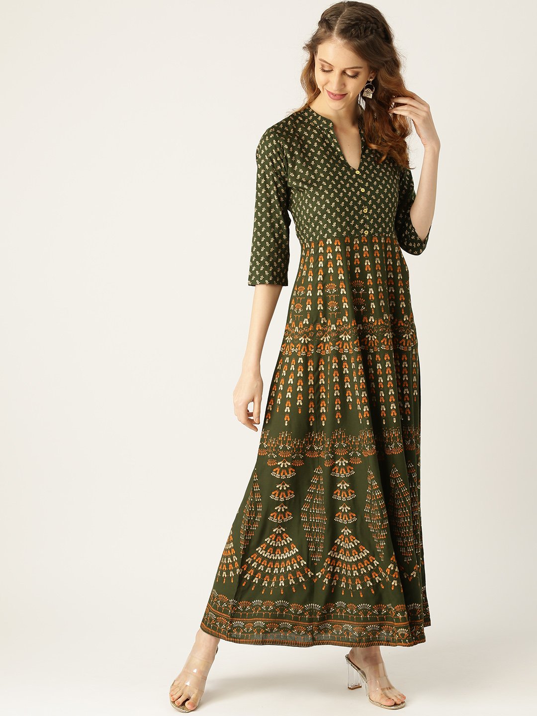 Women's Green Floral Printed Mandarin Collar Viscose Rayon Fit And Flare Dress