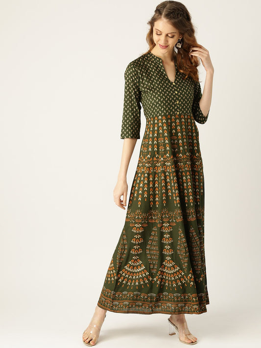 Women's Green Floral Printed Mandarin Collar Viscose Rayon Fit And Flare Dress