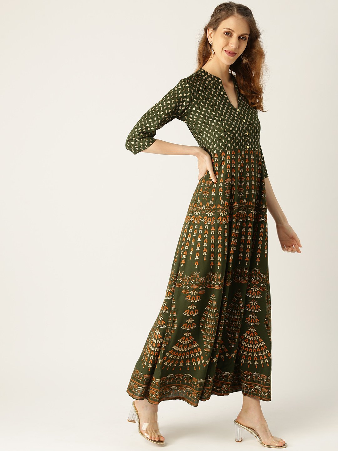 Women's Green Floral Printed Mandarin Collar Viscose Rayon Fit And Flare Dress