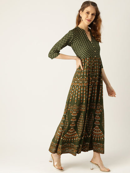 Women's Green Floral Printed Mandarin Collar Viscose Rayon Fit And Flare Dress
