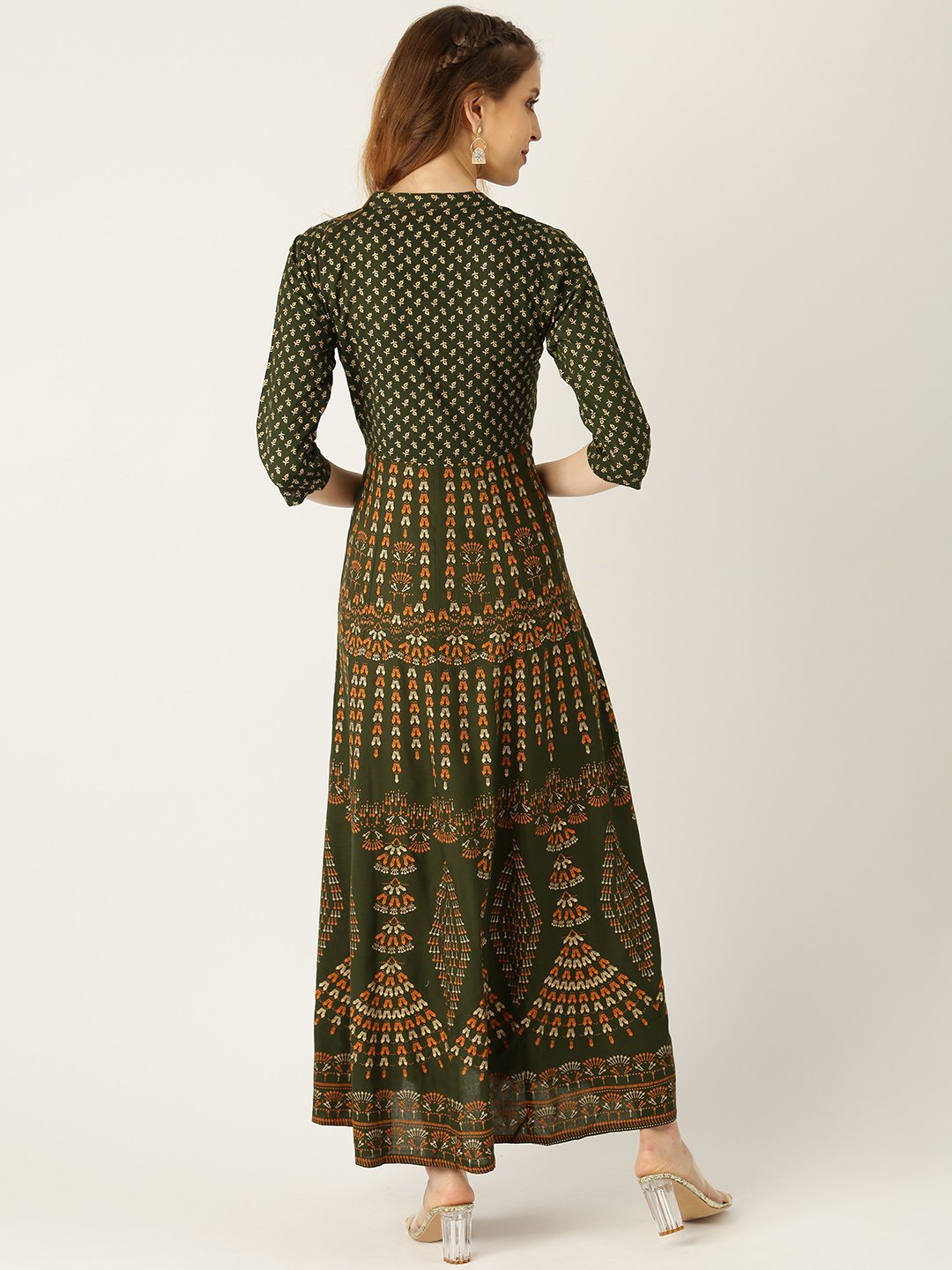 Women's Green Floral Printed Mandarin Collar Viscose Rayon Fit And Flare Dress