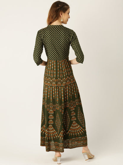 Women's Green Floral Printed Mandarin Collar Viscose Rayon Fit And Flare Dress