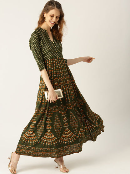 Women's Green Floral Printed Mandarin Collar Viscose Rayon Fit And Flare Dress