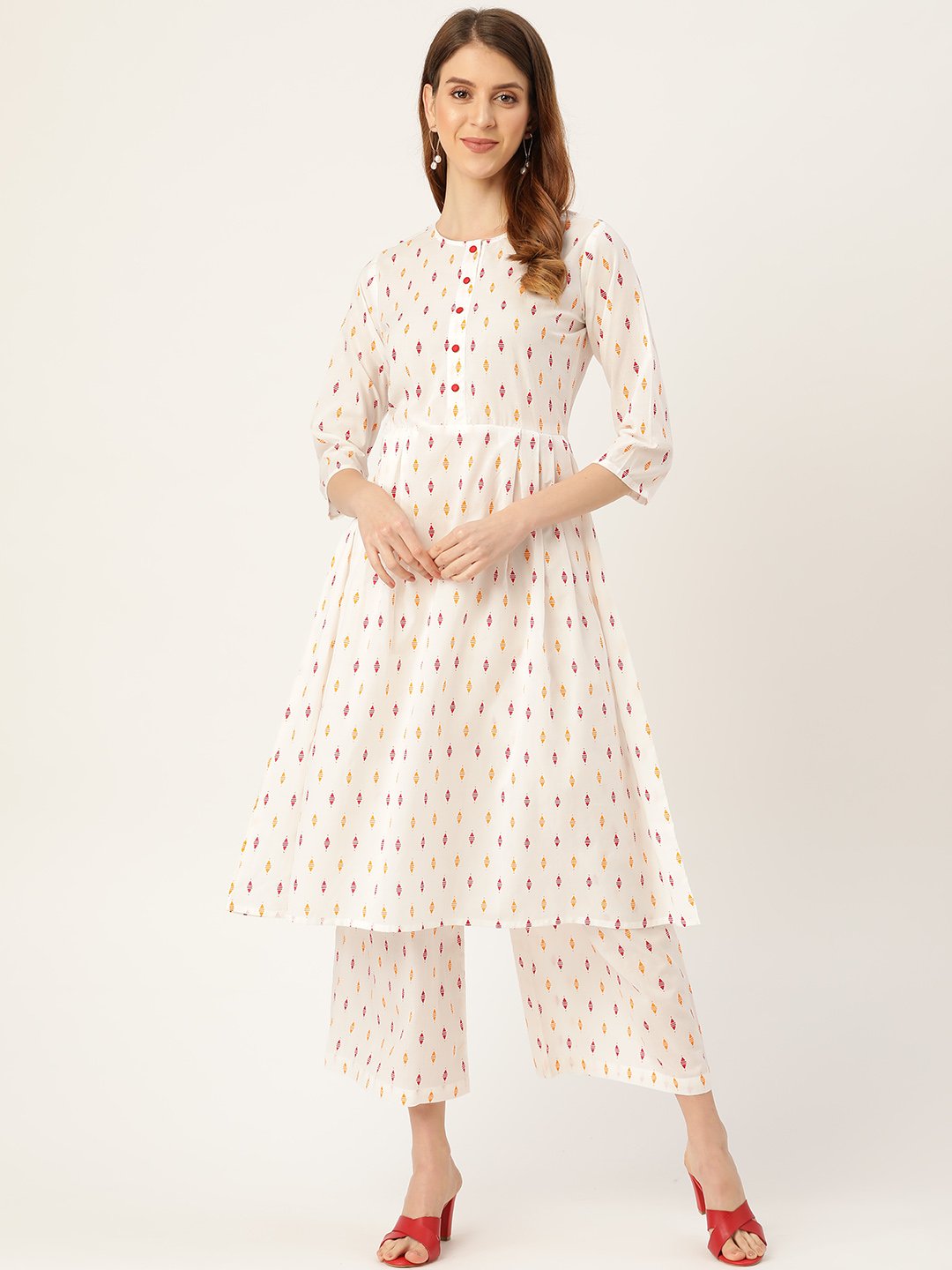 Women's White Three-Quarter Sleeves Flared Kurta With Palazzo