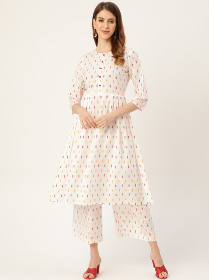 Women's White Three-Quarter Sleeves Flared Kurta With Palazzo