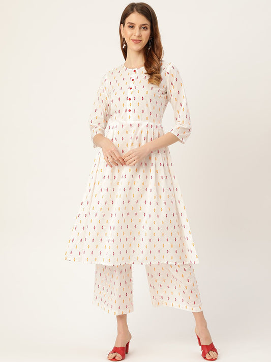 Women's White Three-Quarter Sleeves Flared Kurta With Palazzo