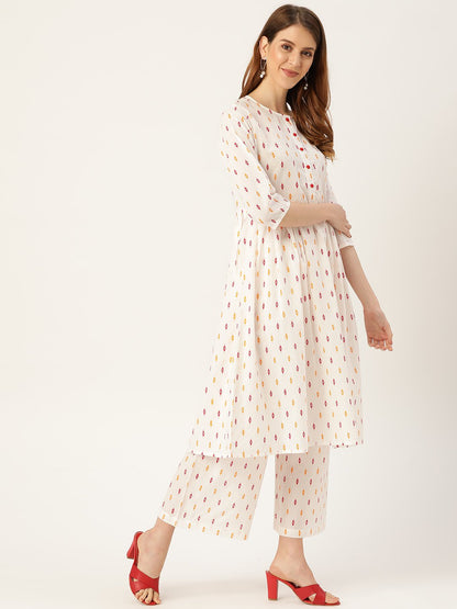 Women's White Three-Quarter Sleeves Flared Kurta With Palazzo