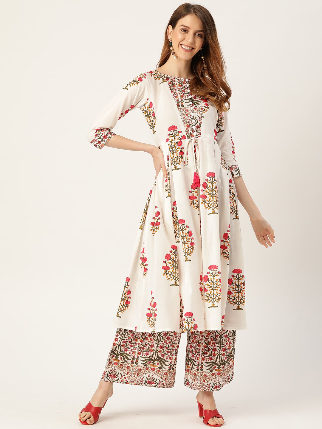 Women's White Three-Quarter Sleeves Flared Kurta With Palazzo
