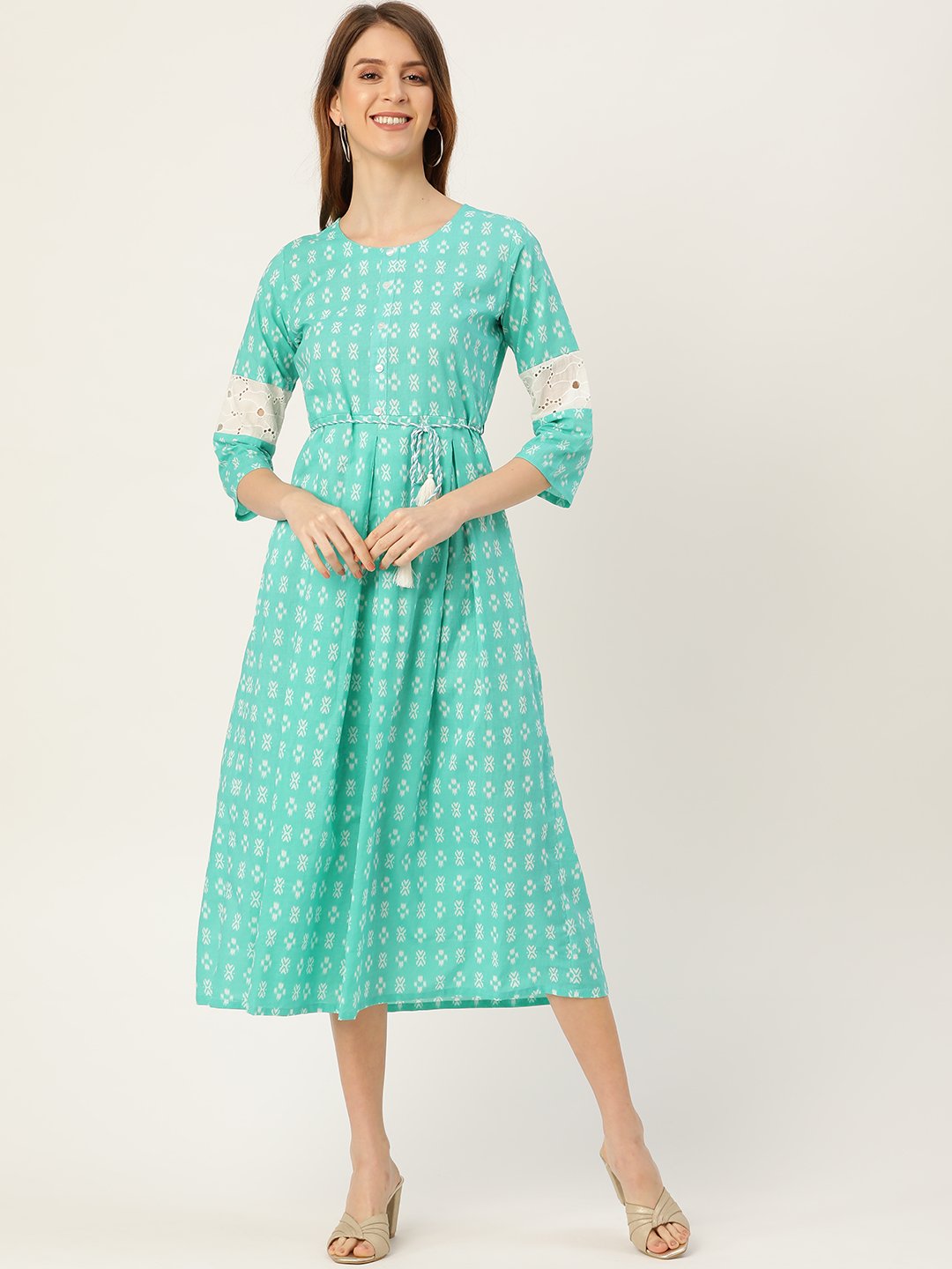 Women's Blue Ethnic Motifs Printed Round Neck Cotton A-Line Dress