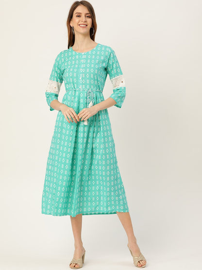 Women's Blue Ethnic Motifs Printed Round Neck Cotton A-Line Dress