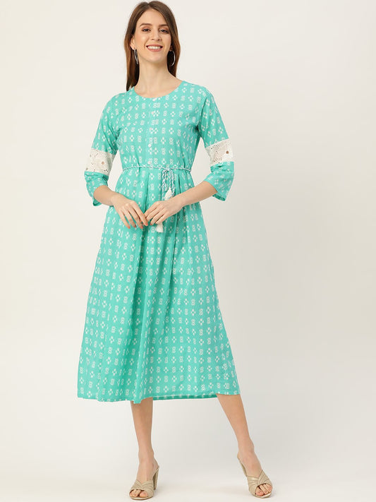 Women's Blue Ethnic Motifs Printed Round Neck Cotton A-Line Dress