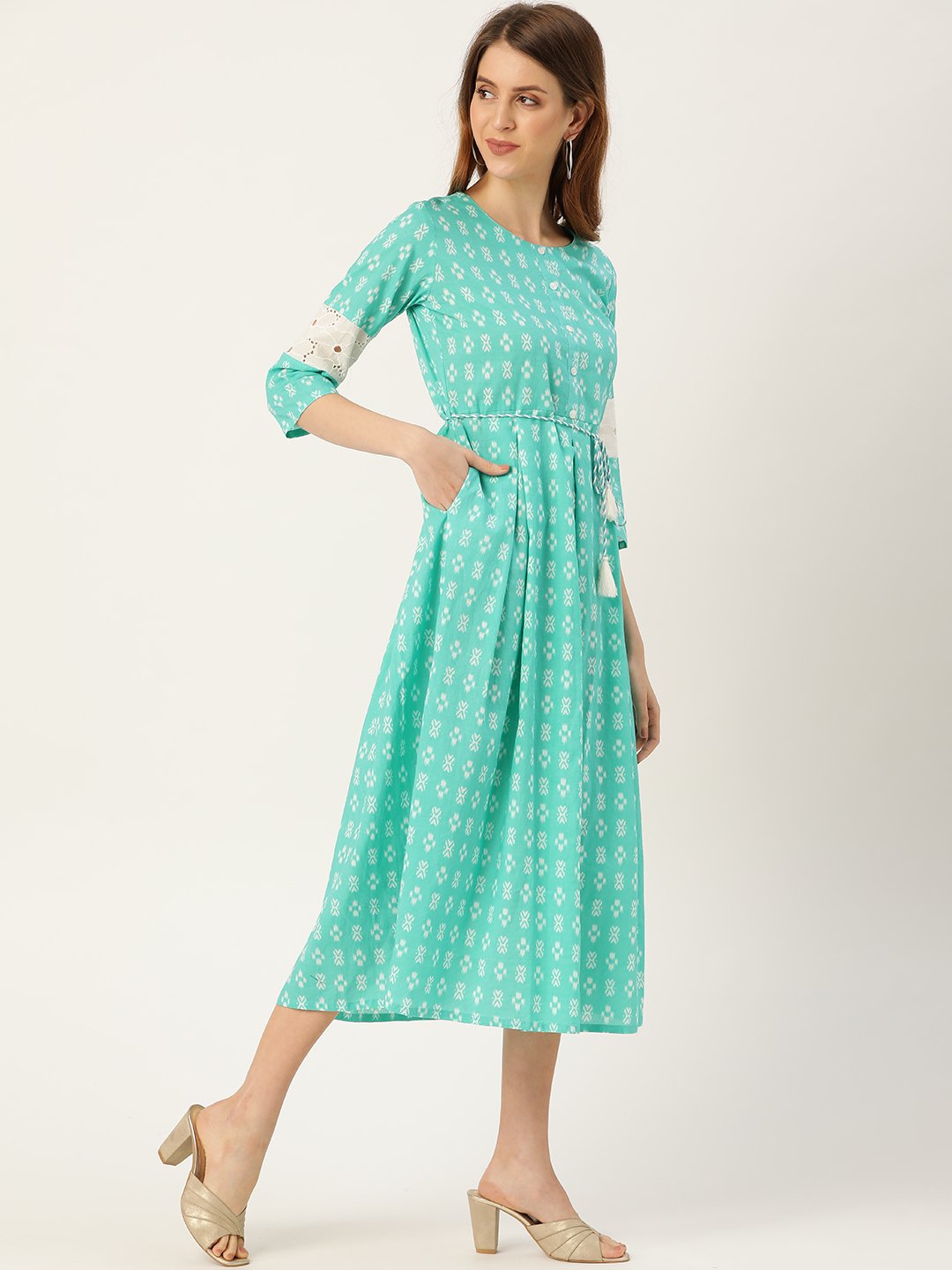 Women's Blue Ethnic Motifs Printed Round Neck Cotton A-Line Dress