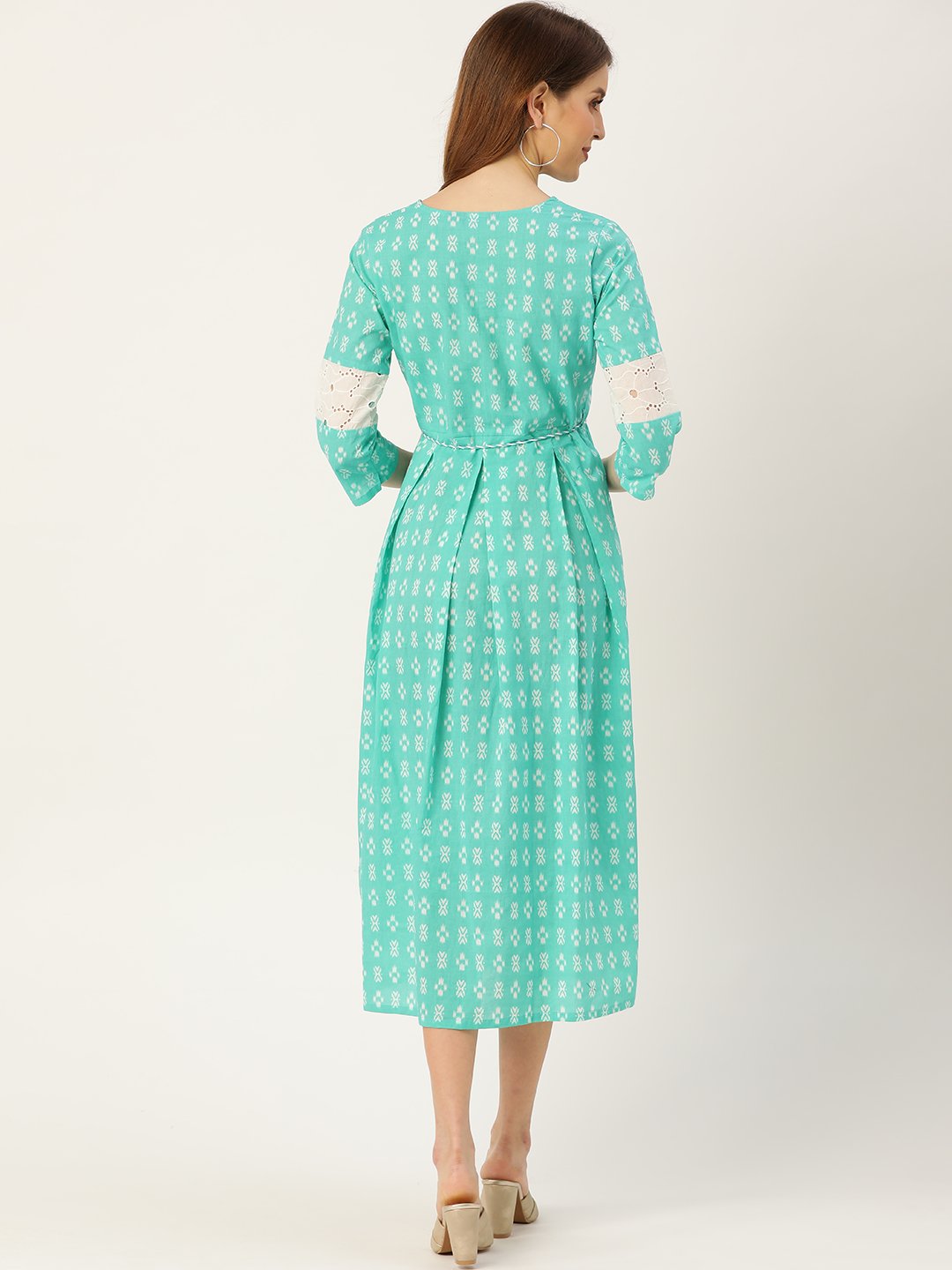 Women's Blue Ethnic Motifs Printed Round Neck Cotton A-Line Dress