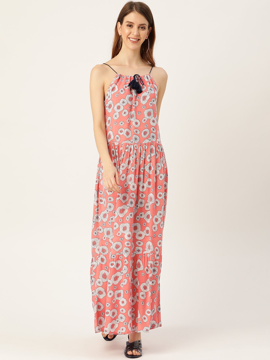 Women's Peach Conversational Printed Halter Neck Viscose Rayon A-Line Dress