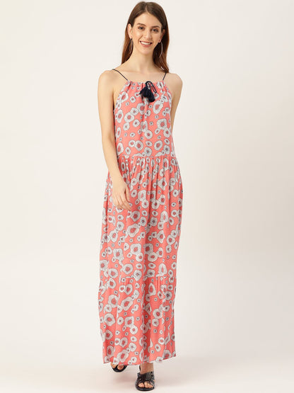 Women's Peach Conversational Printed Halter Neck Viscose Rayon A-Line Dress