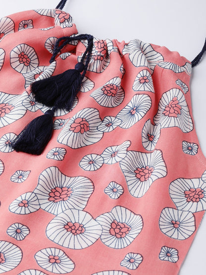Women's Peach Conversational Printed Halter Neck Viscose Rayon A-Line Dress