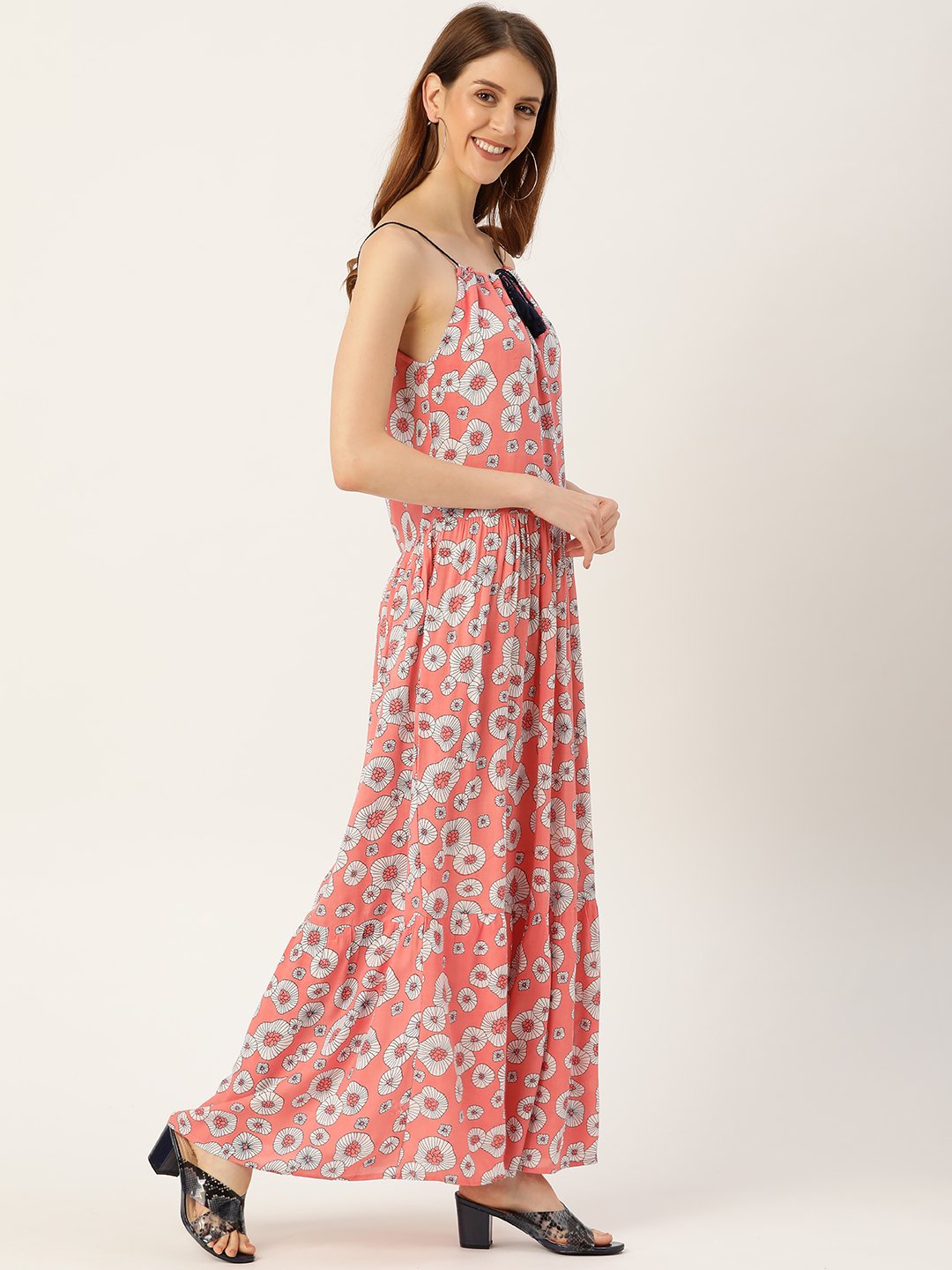 Women's Peach Conversational Printed Halter Neck Viscose Rayon A-Line Dress