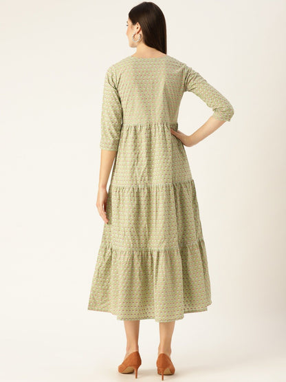 Women's Green Ethnic Motifs Printed Round Neck Cotton Maxi Dress