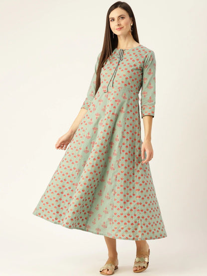 Women's Metalic Green Ethnic Motifs Printed Round Neck Cotton Maxi Dress