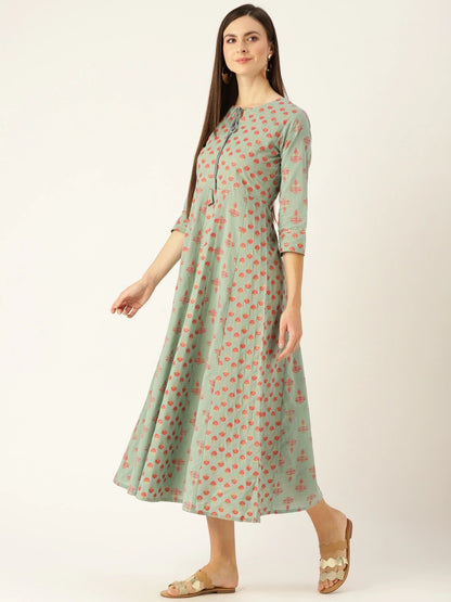 Women's Metalic Green Ethnic Motifs Printed Round Neck Cotton Maxi Dress