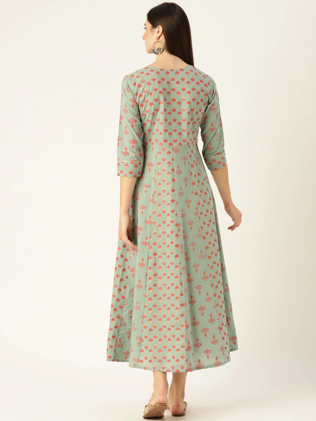 Women's Metalic Green Ethnic Motifs Printed Round Neck Cotton Maxi Dress
