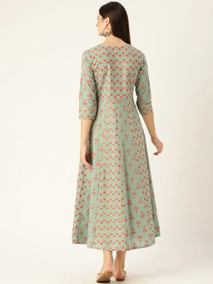 Women's Metalic Green Ethnic Motifs Printed Round Neck Cotton Maxi Dress