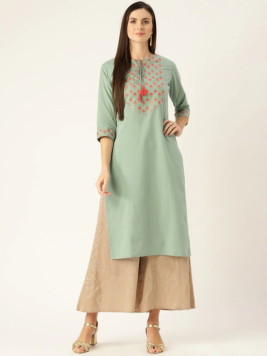 Women's Blue Calf Length Three-Quarter Sleeves A-Line Solid Yoke Design Cotton Kurta