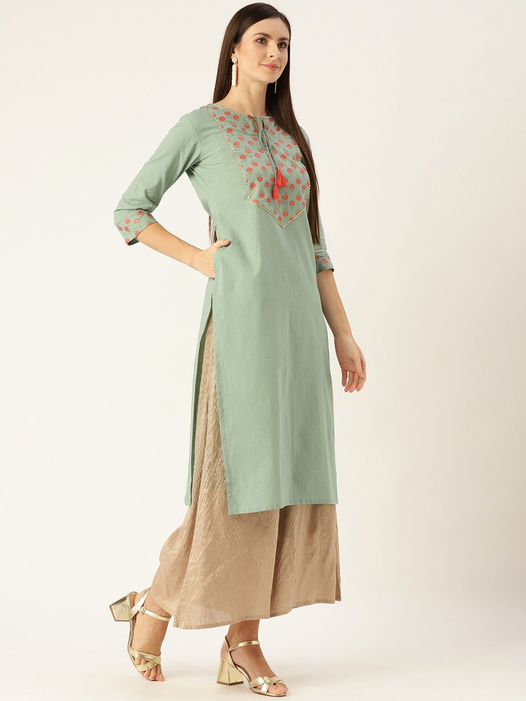 Women's Blue Calf Length Three-Quarter Sleeves A-Line Solid Yoke Design Cotton Kurta