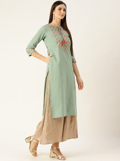 Women's Blue Calf Length Three-Quarter Sleeves A-Line Solid Yoke Design Cotton Kurta
