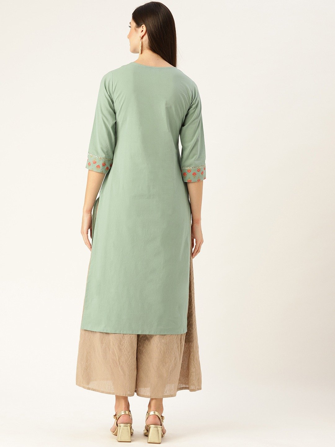 Women's Blue Calf Length Three-Quarter Sleeves A-Line Solid Yoke Design Cotton Kurta