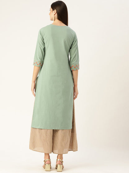 Women's Blue Calf Length Three-Quarter Sleeves A-Line Solid Yoke Design Cotton Kurta