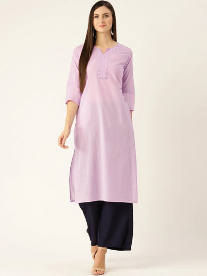 Women's Lavender Calf Length Three-Quarter Sleeves Straight Solid Yoke Design Cotton Kurta