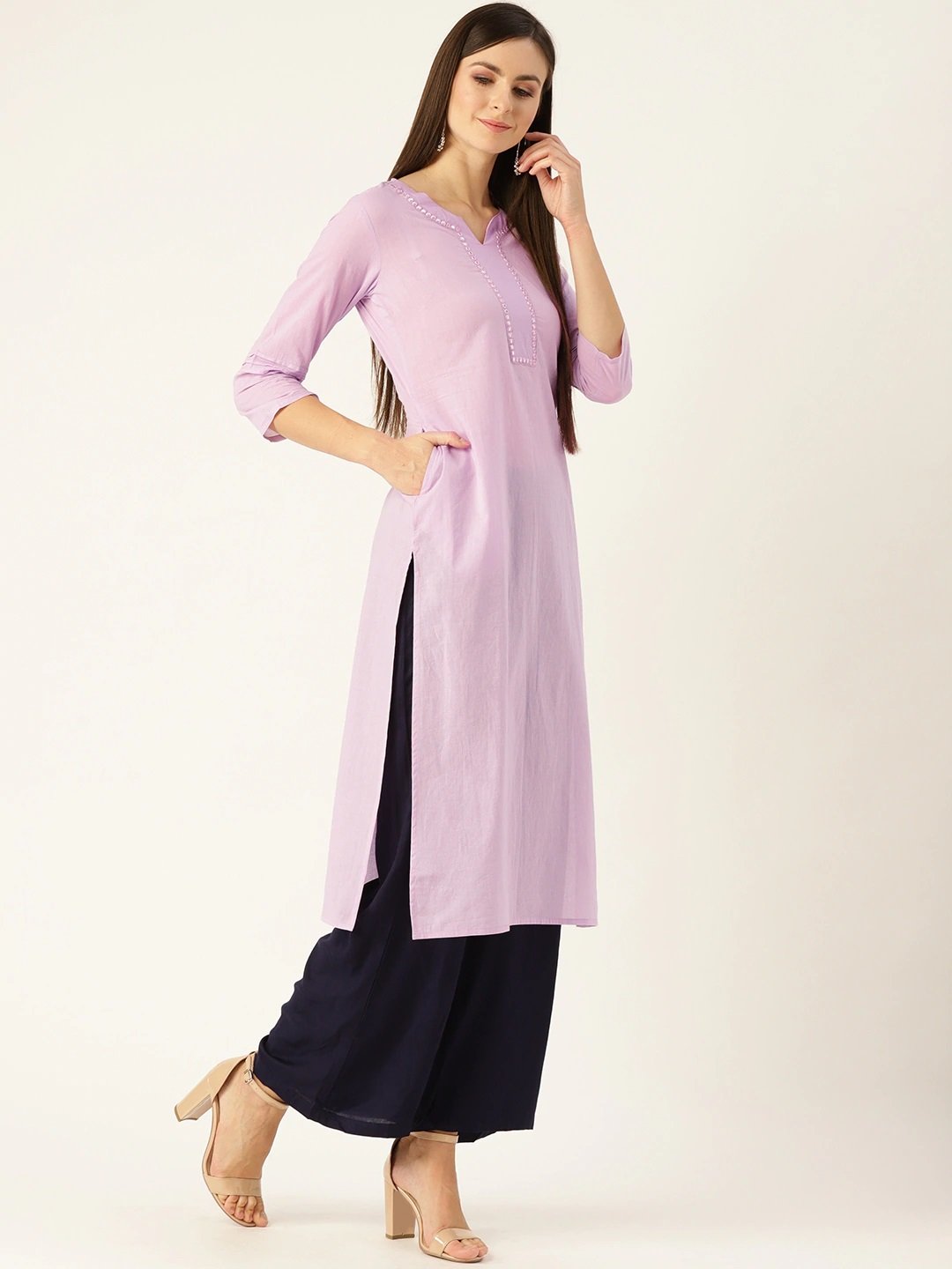 Women's Lavender Calf Length Three-Quarter Sleeves Straight Solid Yoke Design Cotton Kurta