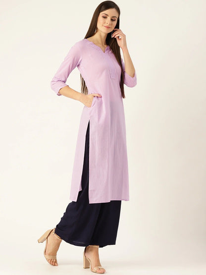 Women's Lavender Calf Length Three-Quarter Sleeves Straight Solid Yoke Design Cotton Kurta