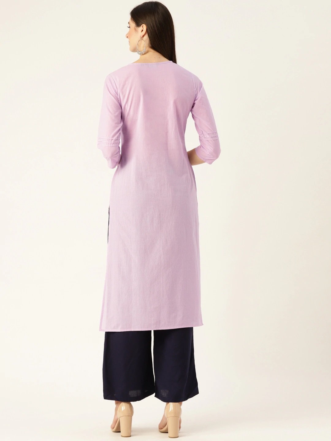 Women's Lavender Calf Length Three-Quarter Sleeves Straight Solid Yoke Design Cotton Kurta