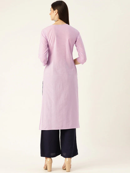 Women's Lavender Calf Length Three-Quarter Sleeves Straight Solid Yoke Design Cotton Kurta