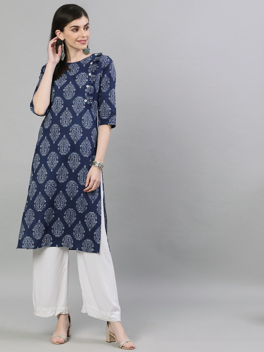 Women's Navy Blue & White Printed Straight Kurta
