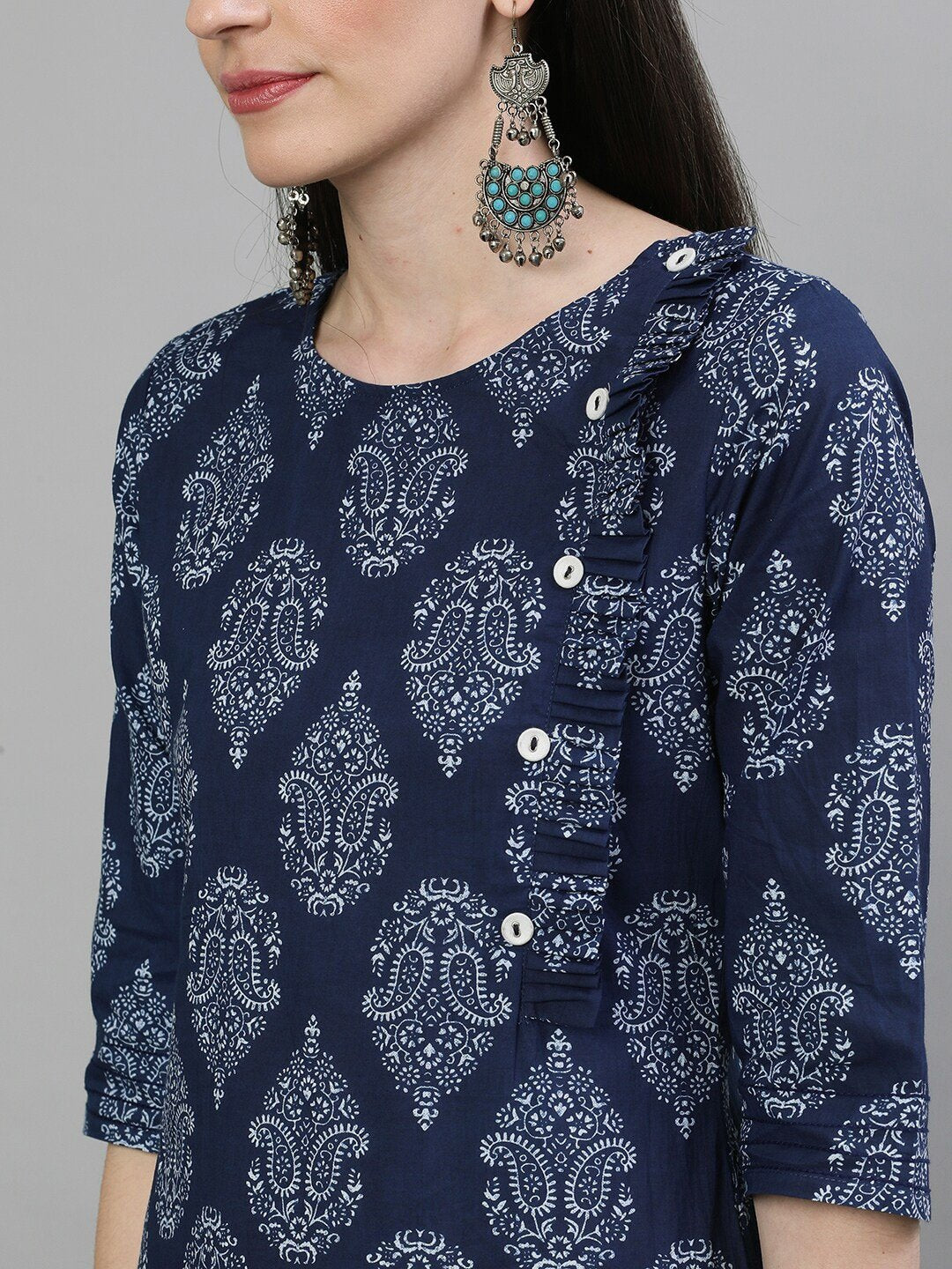 Women's Navy Blue & White Printed Straight Kurta
