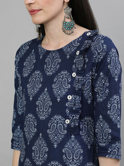 Women's Navy Blue & White Printed Straight Kurta