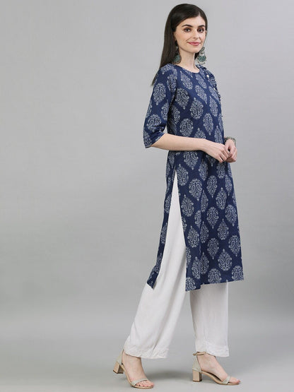 Women's Navy Blue & White Printed Straight Kurta