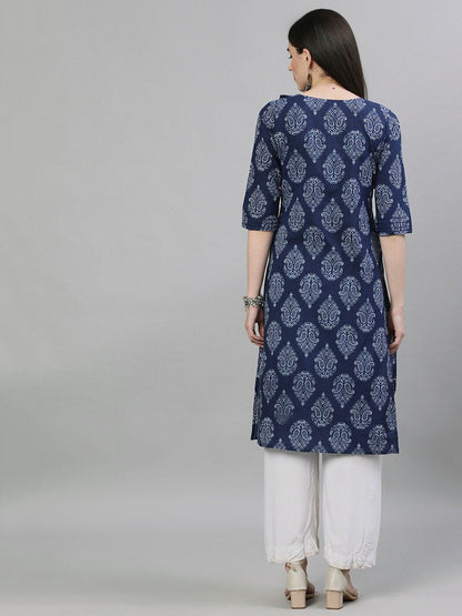 Women's Navy Blue & White Printed Straight Kurta
