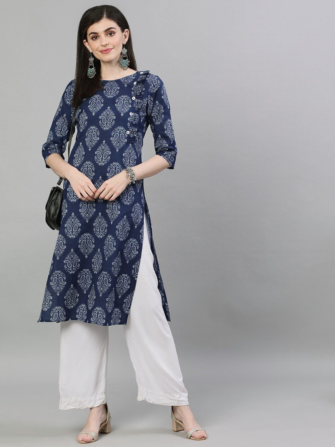 Women's Navy Blue & White Printed Straight Kurta