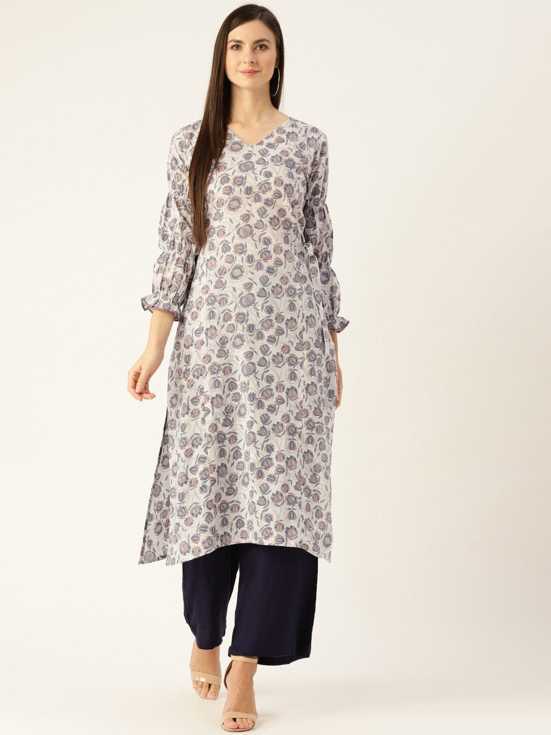 Women's Grey Calf Length Three-Quarter Sleeves A-Line Floral Printed Cotton Kurta